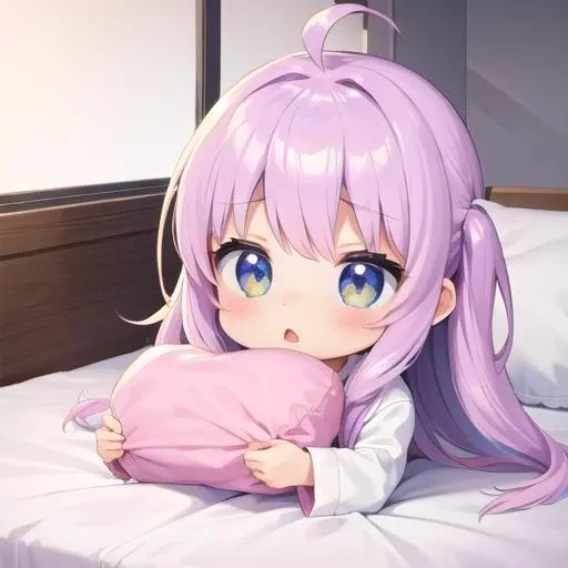 masterpiece,best quality,ultra detail,,1girl, chibi,pastel color hair,petite,nendorod,pajamas,(sleepy,yawn),holding pillow