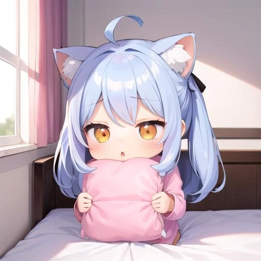 masterpiece,best quality,ultra detail,,1girl, chibi,pastel color hair,petite,nendorod,pajamas,(sleepy,yawn),holding pillow