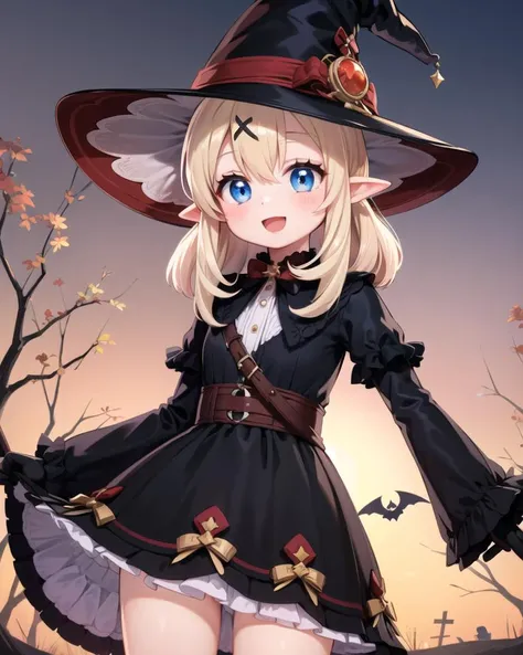 1girl, solo, standing, cowboy shot, 
outdoors, autumn, 
long sleeves, beret, arms at sides,
(witch hat:1.4), witch ,halloween, halloween costume, (dress:1.2), frilled dress, 
 <lora:klee-ex:0.8>, (klee-ex, blue eyes, blond hair, hair ornament, witch hat, bangs, hair between eyes,  pointy ears, black gloves), (smile:1.4), open mouth,