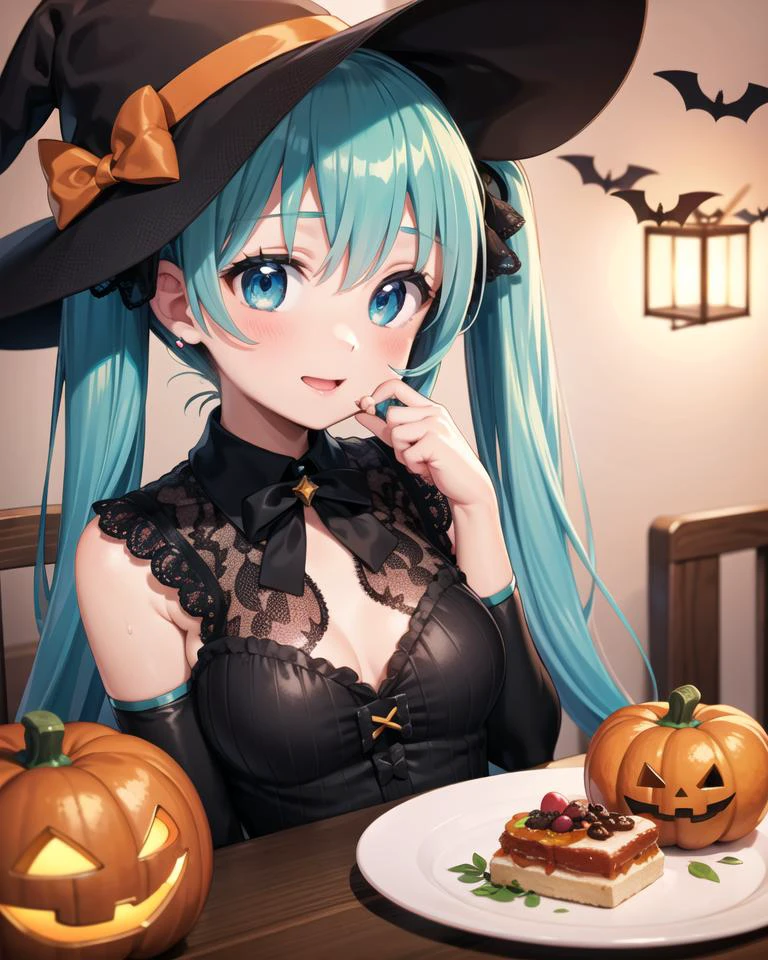1girl, solo, sitting, table, food,
hatsune miku,
halloween, halloween costume, happy halloween, pumpkin,