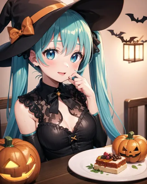 1girl, solo, sitting, table, food, 
hatsune miku, 
halloween, halloween costume, happy halloween, pumpkin,