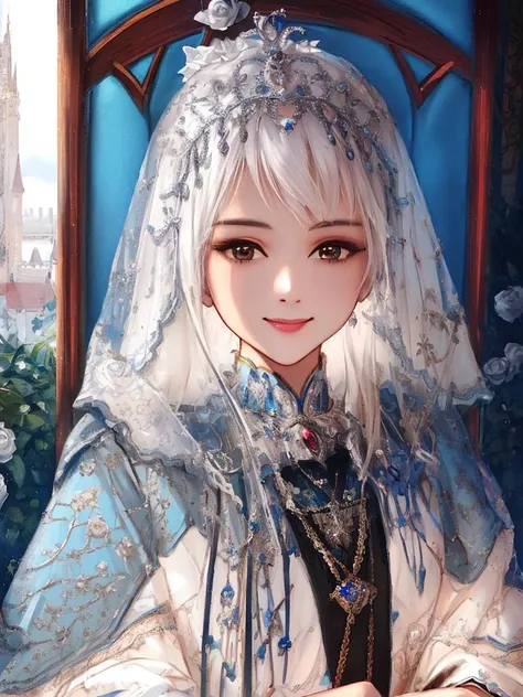 sketch,ultra-detailed,best quality,extremely detailed CG, 8k wallpaper,extremely beautiful and detailed background,beautiful detailed girl,smile,lots of detailed,beautiful illustration,dress,beautiful detailed eyes,smile,beautiful castle,artbook,throne of white roses,white hair,oil painting,head dress,focus on girl,game cg,oil painting