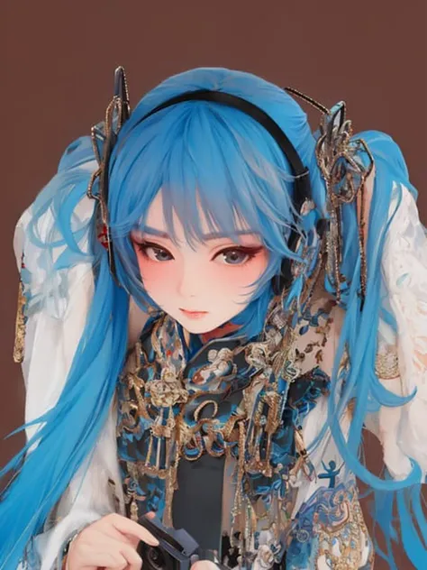 clothes_jingju,clothes_jingju_dmd,(((masterpiece))),straight-on,upper body,fisheye_lens,sharp focus,face only,((simple background)),high detailed,extremely detailed,CG,8k,wallpaper,((miku)),1girl,solo,blue hair,((very_long_hair)),twintails,jewellerys