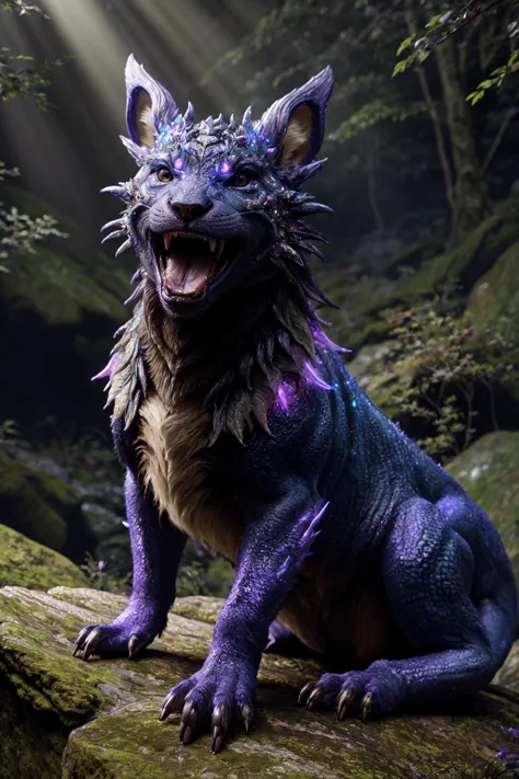 a beautiful [dragon:human:0.75] Hybrid beast cub lies on a large rock in a forest, sunlight breaking through, [[yawning]], rim lighting, otherworldly, (bioluminescent), dark, misty, surreal, highly detailed [fur|scale] textures, intricate details, photorealistic, masterpiece, best quality, High quality texture, detailed texture, ultra-detailed, 8K, HDR <lora:detail_slider_v4:1.7>