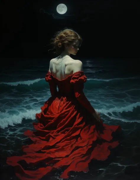 Very detailed dark painting of a woman with a back pose who turns to look at the viewer dressed in a red Victorian dress with messy hair who is in the dark sea almost drowning. The scene is a masterpiece and is painted in a Renaissance oil painting style.
The ocean reflects brightness and deep shadows and the sky is completely black and only the moon can be seen.
The play of light and shadow accentuates the dramatic atmosphere of the digital dark fantasy. <lora:sxz-Dark-Fantasy-v2-Flux:0.8> <lora:FluxDFaeTasticDetails:0.5>