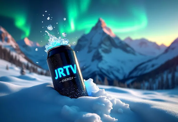 Enegry drink "JRTV" LOGO black ice blue can sweating,on a snowy mountain in the nightsky yummy and refreshing
Mountain scenery and aurora borealis in the sky
Hyper realistic 
16k hd ultra