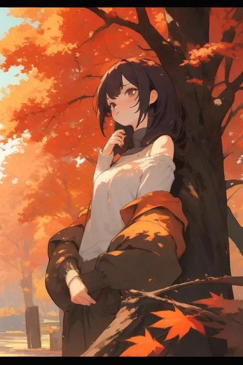 1girl, autumn trees, off-shoulder, slim, pout, pastel colors, art style, cinematic