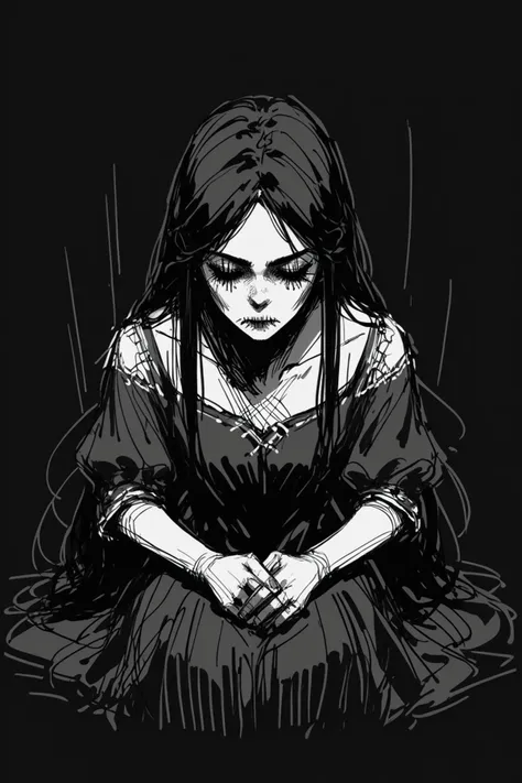 1girl, sitting, dress, head down, black hair, front view, open hair, very long hair, <lora:Navi_WrathStrokes_PonyXL_S1:1>, red sketch, black background, black theme, monochrome, closed eyes, closed mouth, <lora:Stitched_eyes_ears:1>, stitched mouth, stitched eyes, score_9, score_8_up, score_7_up