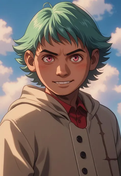 score_9, score_8, score_9, BREAK, solo, male child, miguel, mint rainbow hair, long curly hair, mint rainbow eyes, rage, blush, mint rainbow fur-trimmed coat outfit, hand in hair, standing straight, slight smile, cloud, shadow, natural lighting, upper body