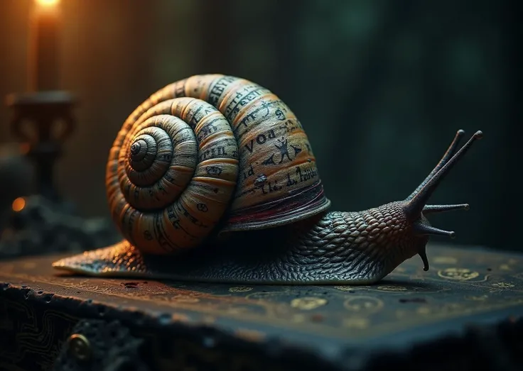 A velvety black background, reminiscent of a dark, mystic forest, sets the tone for this eerie scene. The snail, a slow-moving creature of fascination, takes center stage, its shell a canvas of twisted, arcane symbols and demonic inscriptions. The Necronomicon's ancient text, penned in blood-red ink, wraps around the snail's spiraling shell, as if the book itself has come to life. Goetia's mystical symbols, etched in silver, seem to pulse with an otherworldly energy. The lighting is dim, with a warm, golden glow emanating from the top-left corner, casting an ominous shadow across the snail's shell. The film grain is coarse, with a subtle graininess that adds to the overall sense of unease. Color grading is muted, with a focus on deep, rich blacks and dark blues, evoking the feeling of an ancient, forbidden tome. Framing is tight, with a shallow depth of field, drawing the viewer's attention to the snail's macabre shell. The overall effect is unsettling, as if the very fabric of reality has been warped by the presence of these ancient, malevolent forces. The cinematic style is reminiscent of Guillermo del Toro's eerie, mystical world-building, with a nod to the haunting atmosphere of H.P. Lovecraft's dark, cosmic mythology.