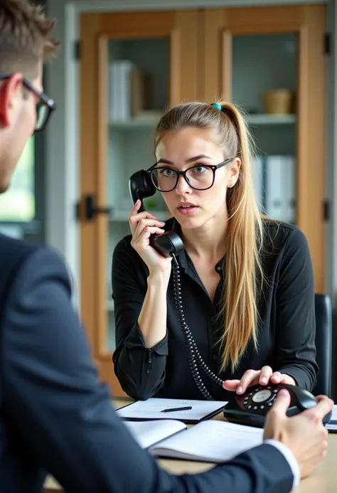 realistic photo of a young woman in an office suite, sitting at her office table holding a telephone in her hand, looking very suprised and fearful to a man in the door way, she has long blond hair, ponytail, wearing glasses, eyes wide open, view from the side