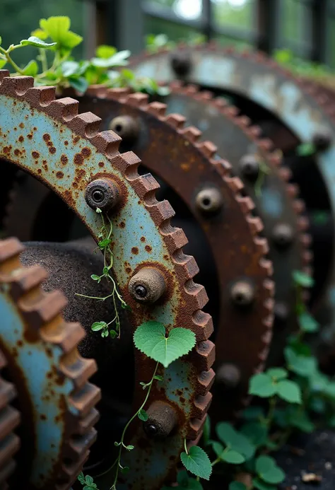 A detailed view of abandoned industrial machinery being reclaimed by nature. Flaking rust patterns, vines weaving through gears, peeling paint, textures of metal and decay, shafts of light highlighting textures, extreme close-up, gritty, atmospheric light.
