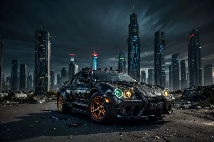 Futuristic dystopia cyber punk city with skyscrapers, neon lights and futuristic cars. Few drunkards on the street. Human cyborgs and robots walking, rusty futuristic cars abandoned on the streets, flying hovercraft above. Photorealistic, dark atmosphere. HD, very detailed, 4k