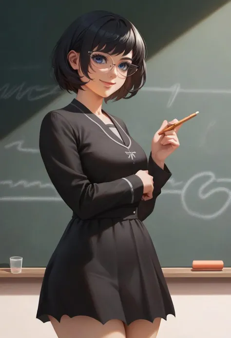 ,score_9, score_8_up, score_7_up, masterpiece, line art, portrait, anime, detailed, <lora:Aranea_serket-000015:0.7>, 1girl,
black hair, short hair, aranea serket, black dress. black clothes, makeup, blue eyes, glasses, smile, perfect hands, thick thighs, skindentation, curvy,
chalk, holding chalk, (blackboard), (classroom),
looking at viewer, close-up