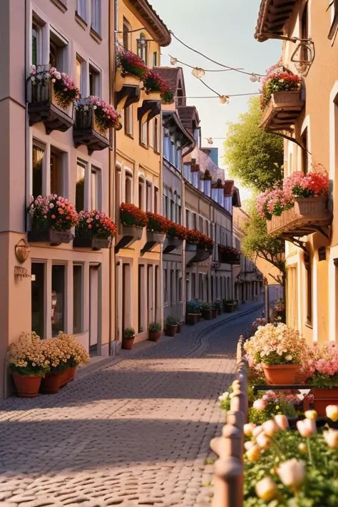 A quaint cobblestone street in a litle modern European town, with flowers blooming on balconies, captured in golden hour lighting., 80mm, hasselblad