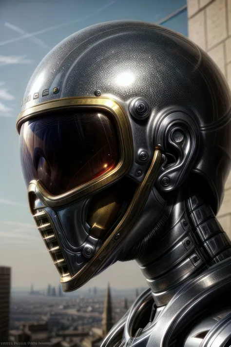 (intricate details), high quality, photorealistic, beautiful, robot, chrome gold, post apocalyptic, future, helmet