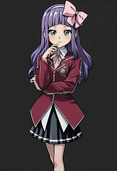 score_4,score_5,score_6,score_7_up,score_8_up,score_9
((masterpiece,best quality,ultra detailed,highres,HD,4k:1.2)),
(small breast),1 cute girl,
chloe,purple hair,long hair,blunt bangs,green eyes,pink hair ribbon,pink headband,
school uniform,red cardigan,black skirt,Panty Hose,