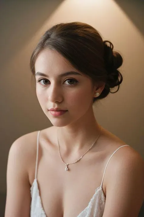 35mm film, one pretty Chilean girl, tan skin, solo, updo, perfect face, makeup, looking at viewer, softbox lighting