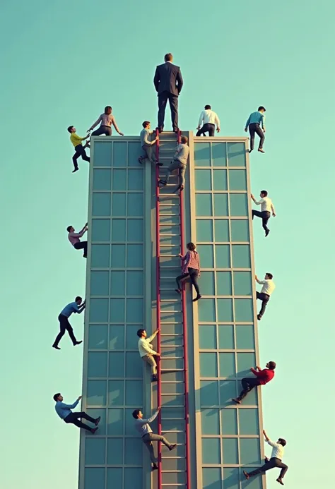 comically tall ladder reaching the top of a corporation building, with people precariously clinging to each rung.
The boss at the top of the building.
With vertical text "corporate" on the building