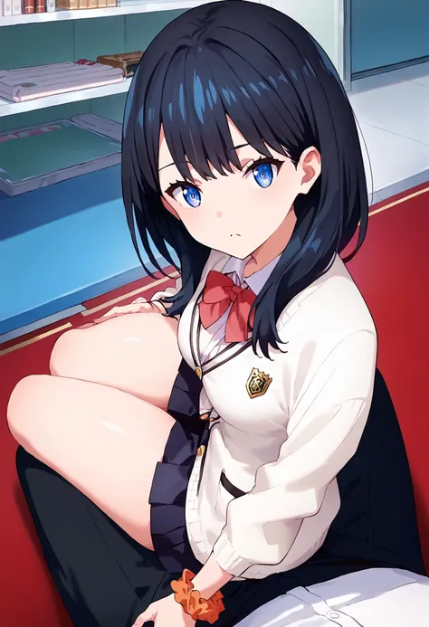 1girl, 1boy, on back, on bed, , , , , hetero, arms up, closed mouth, black hair, short hair, blue eyes, earrings, school uniform, no panties, m legs, <lora:Tomu_t_fp32:1>