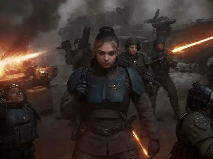 1girl, close shot professional photo of a woman, sharp focus, detailed skin texture, detailed eyes, detailed hair, <lyco:warhammer 40k imperial guardsman:.7>, rifle, sword, laser gun, blue military uniform, collar, soldier, astra militarum, imperial guard, warhammer, wh40k, 3nid_15, black hair, background is a massive cityscape, battle, fighting, combat, huge explosion in the background, the distant future, 1942, color photo, <lyco:Ferrus MK1 by CARAXES:.3> <lyco:epiNoiseoffset_v2:1.0>