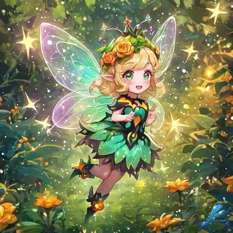 a cute young fairy wearing in light bee cosplay dress yellow and black, blonde and with orange eyeball star format, translucent wings. fairy sparkles surround. is flying on a head skydive leaving a luminescent trail behind into a large colorfull magical forest with blue, green, pink, yellow, orange flowers lit by magical sparkles.