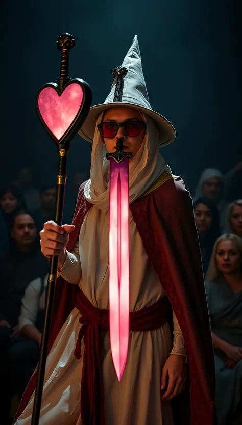AtomicHeartTwinsCosplay in absolute darkness, profoundly no light, holding black-pink heart shaped orbstaff, 
pointed hat, translucent skin, Describe the captivating scene captured in the vintage photograph featuring a Bedouin artist skillfully swallowing a massive sword in the style of Final Fantasy, amidst a mesmerized audience. Provide details about the artist's attire, the sword's intricate design, and the expressions of the onlookers as they witness this extraordinary performance., amazing quality, masterpiece, best quality, hyper detailed, ultra detailed, UHD, perfect anatomy, portrait, dof, hyper-realism, majestic, awesome, inspiring, closeup, an weathered outworn old Fantasy cape, smooth, Closeup, by Dring, rust paint peelz, atmospheric haze, cinamatic composition, soft shadows, national geographic style