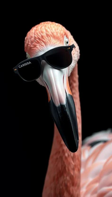 portrait Photo of a flamingo,close up, head, wearing a Carrera 5623 PD,sunglass,letter on the glass reads CARRERA, in a dark photostudio