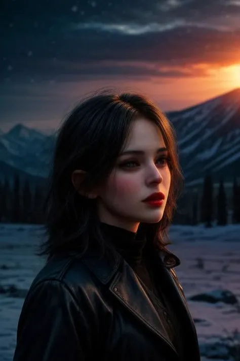 (masterpiece:1.2), (best quality,:1.2), 8k, HDR, ultra detailed, ((photorealistic)), cinematic lighting, cowboy shot, depth of field, Lord of the Ring, dark fantasy,
female vampire hunter, van helsing style, looking like cate beckinsale in underworld,
sperfect face, perfect hands, eye contact, realistic face, realistic eyes,
background ancient ruins in snow covered mountains at sunrise,