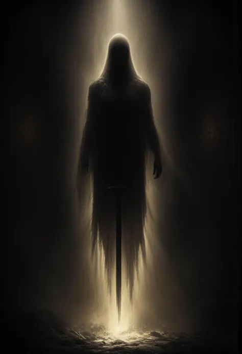 art by Ben Templesmith and hr giger, Fantasy painting of a spectral figure with a long, tattered robe, floating through the air. The ghost is illuminated with a faint beige glow, casting an eerie, ethereal light. Its robe is shredded and flowing, giving a ghostly appearance, and it holds a broken longsword, the blade fractured and jagged. The ghostas face is shadowy and indistinct, enhancing the haunting effect. The background features a dark, gothic cathedral with towering arches and stained glass windows, shrouded in shadows. The scene is rendered in cel shading, with a dark fantasy aesthetic. The overall mood is ominous and mysterious, highlighting the ancient and worn aspects of the ghost and its surroundings. <lora:- Flux1 - vanta_black_V1.0.safetensors:0.5>, <lora:aidmaImageUpgrader-FLUX-V0.1.safetensors:1.0>, detailmaximizer <lora:Dever_Flux_Enhancer.safetensors:0.5>, dev <lora:FluxFantasyKnightsV1.safetensors:1.0>, hkstyle
