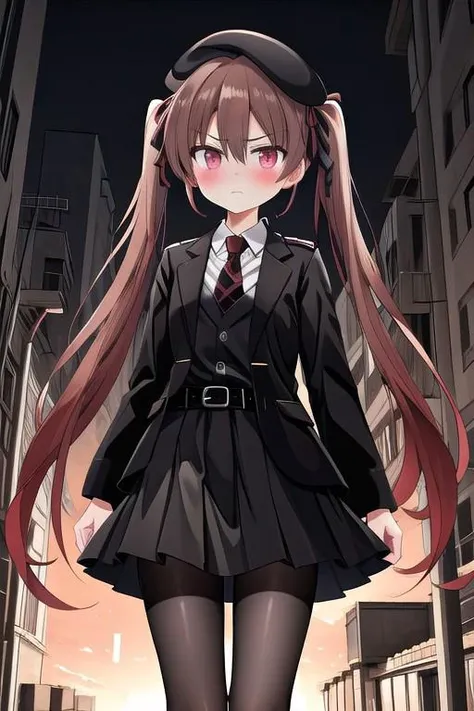 8k, HDR+, high detailed, ultra-detailed, high definition, high quality, best quality, masterpiece, absurdres, perfect anatomy, cowboy shot, 1girl, Otsuki Yoyoko, looking at viewer, serious, closed mouth, light skin, blush, long hair, hair between eyes, twintails, dark brown hair, red hair ribbon, pink eyes, small breasts, beret, black headwear, millitary uniform, milllitary jacket, closed jacket, black jacket, belt on jacket, collared shirt, white shirt, red tie, long sleeves, pleated skirt, black skirt, black pantyhose, boots, black boots, war-torn city background, evening