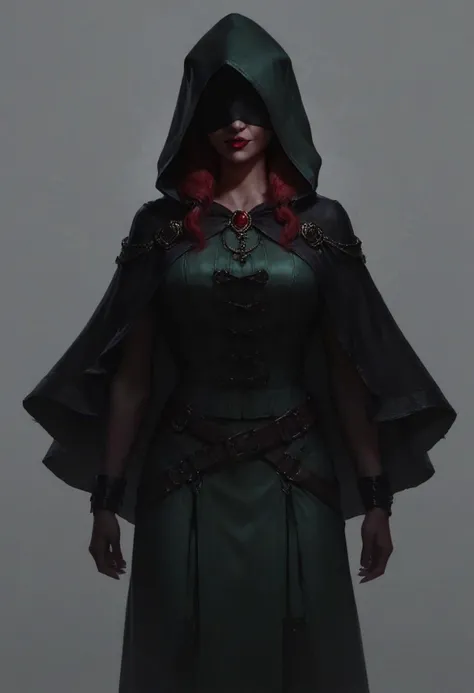 score_9, score_8_up, score_7_up,
1female, crimson robes, decorated robes, crimson fabric, green hood, belts, fabric, green skirt, ragged fabric, black cloak, enveloped in a cloak, eyes covered, hood hiding eyes,
BREAK
concept art, realistic, detailed, masterpiece, very aesthetic background, cinematic lighting, perfect eyes, ultrahigh-resolution, best quality, cowboy shot, dark plain background,