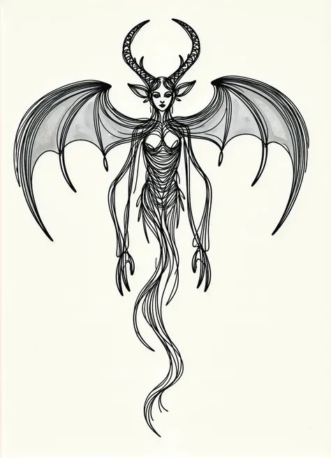 one line drawing, gigantic mysterious mycelium moody symmetrical person, five-fingered hands, short-tailed, metallic skin, bat wings, # scythe-shaped horns, # geometric pattern,
