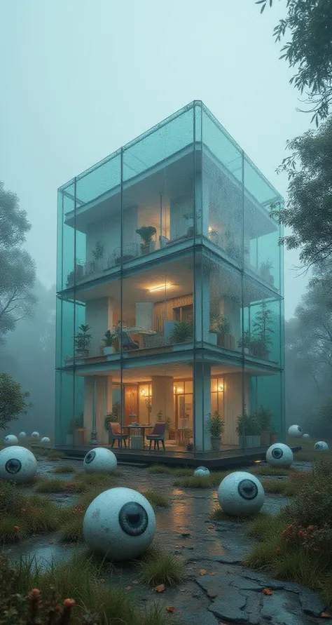 house with transparent walls made of glasse, surrounded by giant eyeballs