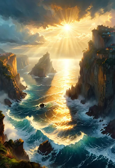 close view on open ocean from cliffisde, morning, slight fog, sunrays, water, (clouds), very busy sky, storm, dim fog, atmospheric, (golden glow), romantic impressionism, absurdres, scenery art, matte painting, romantic, beautiful digital painting, anime landscape, romantic painting, paintlike, dreamy,