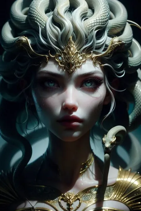 (high quality), (masterpiece), (detailed), 8K, Hyper-realistic portrait of a Japanese girl with (intricate snake hair1.3) and (enchanting gaze1.2), inspired by Medusa's mystique. Soft, (warm light1.2) illuminates the subject's (delicate skin1.2) and (defined facial features1.2), while (subtle shading1.2) adds depth to the image. In style of H.R. Giger, trending on ArtStation.
