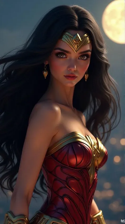 (best quality, masterpiece, colorful, dynamic angle, highest detailed), (photorealistic:1.2), raw photo,(Wonder Woman), upper body photo, fashion photography of cute black long hair girl (Wonder Woman), dressing high detailed Wonder Woman suit (high resolution textures), in dynamic pose, bokeh, (intricate details, hyperdetailed:1.15), detailed, moonlight passing through hair, perfect night, (fantasy background), (official art, extreme detailed, highest detailed), (photorealistic:1.2), raw photo, HDR+, medium eyes, detailed eyes, expressive eyes, realistic, disney pixar style, 3d rendering