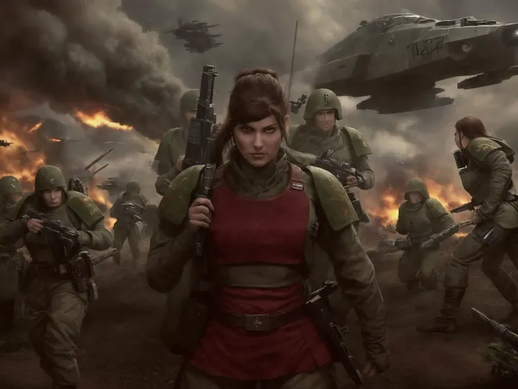 1girl, close shot professional photo of a woman, sharp focus, detailed skin texture, detailed eyes, detailed hair, <lyco:warhammer 40k imperial guardsman:.7>, rifle, sword, laser gun, red military uniform, collar, soldier, astra militarum, imperial guard, warhammer, wh40k, emb-babs, brown hair, background is a massive cityscape, battle, fighting, combat, huge explosion in the background, the distant future, 1800s, color photo, <lyco:Szarekh MK1 by CARAXES:.3> <lyco:epiNoiseoffset_v2:1.0>