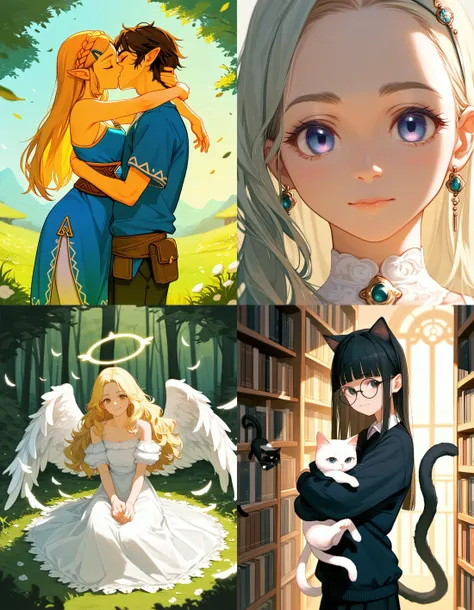 https://civitai.com/articles/5300 ___ All images: score_9, score_8_up, score_7_up ___ 1st image: 1girl, 1boy, Princess_Zelda, \(The_Legend_of_Zelda:_Breath_of_the_Wild\), standing, kiss, hug, closed_eyes ___ 2nd image: 1girl, lovely face, portrait, close-up, looking_at_viewer, closed_mouth ___ 3rd image: 1girl, solo, blonde_hair, wavy_hair, angel, angel_wings, halo, smile, sitting, forest, white_dress ___ 4th Image: 1girl, solo, long_hair, black_hair, blunt_bangs, straight_hair, round_eyewear, cat_girl, cat_ears, cat_tail, standing, hug cat, looking_at_viewer, library