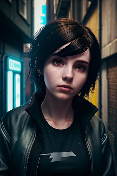 high angle camera looking down on a 24 year old british girl in a cyberpunk alleyway, cyberpunk hair, black fleece jacket, face, headshot, looking to distance, closeup, portrait