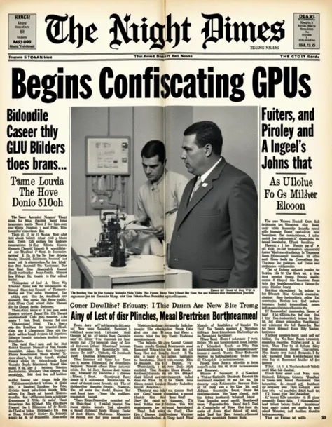 newspaper front page, headline reads "Gov Begins Confiscating GPUs", ([Style of Alfred Kubin|Style of Elsa Beskow]:1.6),