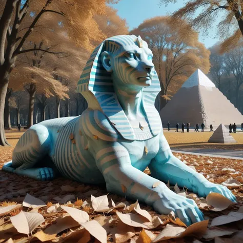 <lora:Ice:1>ice,statue,best quality,masterpiece,4k,park,fallen leaves,sphinx,pyramid,