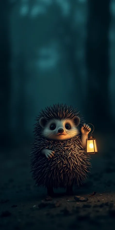 A small hedgehog standing alone in a dark, misty forest. The hedgehog is covered in spiky needles and holds a small glowing lantern in its right paw, which illuminates its surroundings. The hedgehog has wide, round black eyes with a gentle, innocent expression. Its tiny legs and arms are barely visible under the thick coat of needles. The overall atmosphere is mysterious and melancholic, with soft, diffused lighting. The foggy background creates a sense of depth and isolation, with dark, indistinct trees barely visible in the distance.