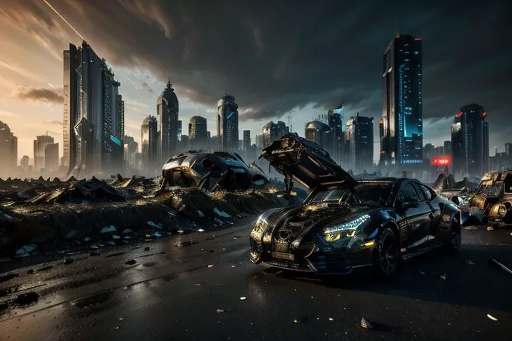 Futuristic dystopia cyber punk city with skyscrapers, neon lights and futuristic cars. Few drunkards on the street. Human cyborgs and robots walking, rusty futuristic cars abandoned on the streets, flying hovercraft above. Photorealistic, dark atmosphere. HD, very detailed, 4k