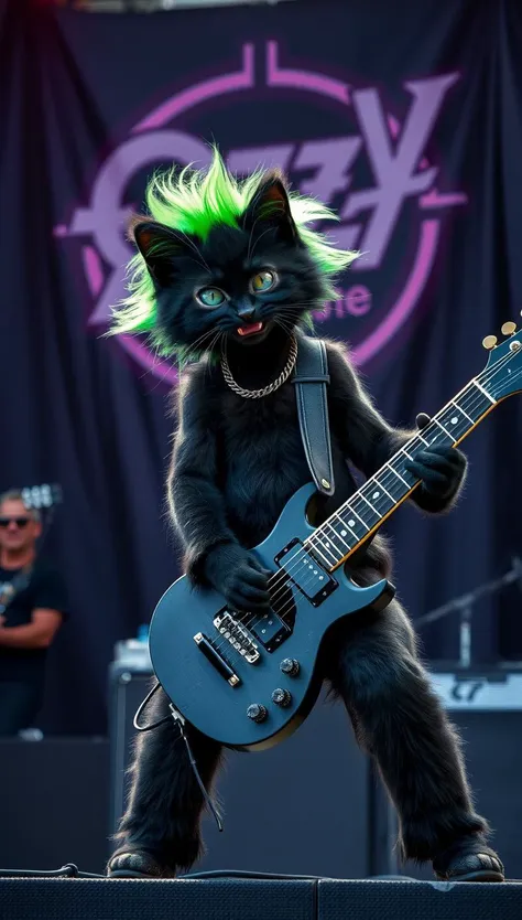 a really cute striking black kitten with green punk hair is playing a crazy guitar solo on stage as the main guitarist for ozzy osbourne, full band in view with the backdrape behind stage with the bands logo on it.