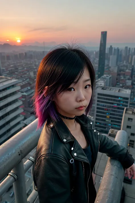 high angle camera looking down on a 20 year old asian girl on a rooftop, cyberpunk hair, sunrise, cyberpunk city background, leather jacket

looking at viewer, face, headshot, closeup, portrait