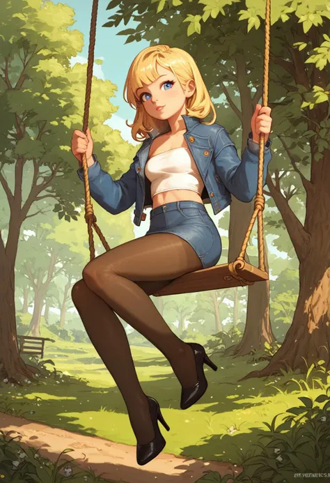 score_9, score_8_up, score_7_up,
1girl, solo, blue eyes, blonde hair, micro skirt, (pantyhose, high heels), tube top, jean jacket, tree, swing,
 <lora:PossumMachine:1> posmach,
