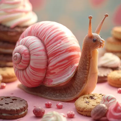 A high quality, High Resolution realistic image of a large snail in a land of delicious desserts. The background contains cookies, cake, and candies. The snail has a large shell made of swirled pink and red frosted ice cream.
<lora:detailed_notrigger:0.4> <lora:SDXLFaeTastic2400:0.3> Faetastic <lora:merged:0.4>
