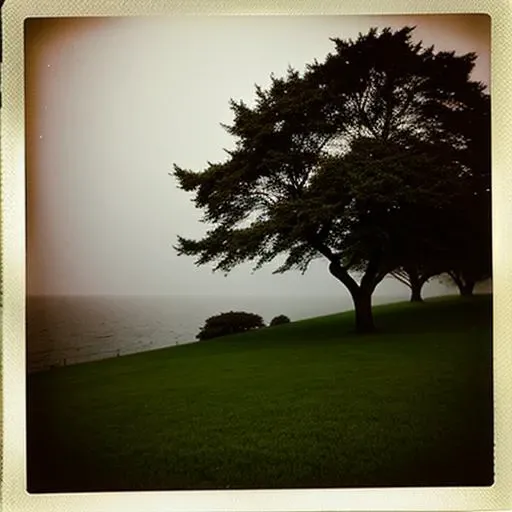 foggy sea, some trees and gras, polaroid