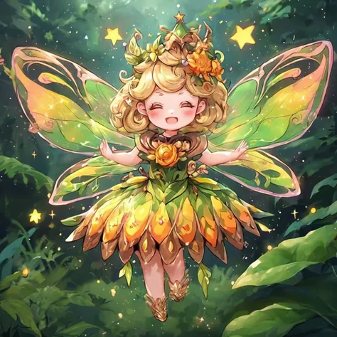 a cute young fairy wearing in light bee cosplay dress yellow and black, blonde and with orange eyeball star format, translucent wings. fairy sparkles surround. is flying on a head skydive leaving a luminescent trail behind into a large colorfull magical forest with blue, green, pink, yellow, orange flowers lit by magical sparkles.